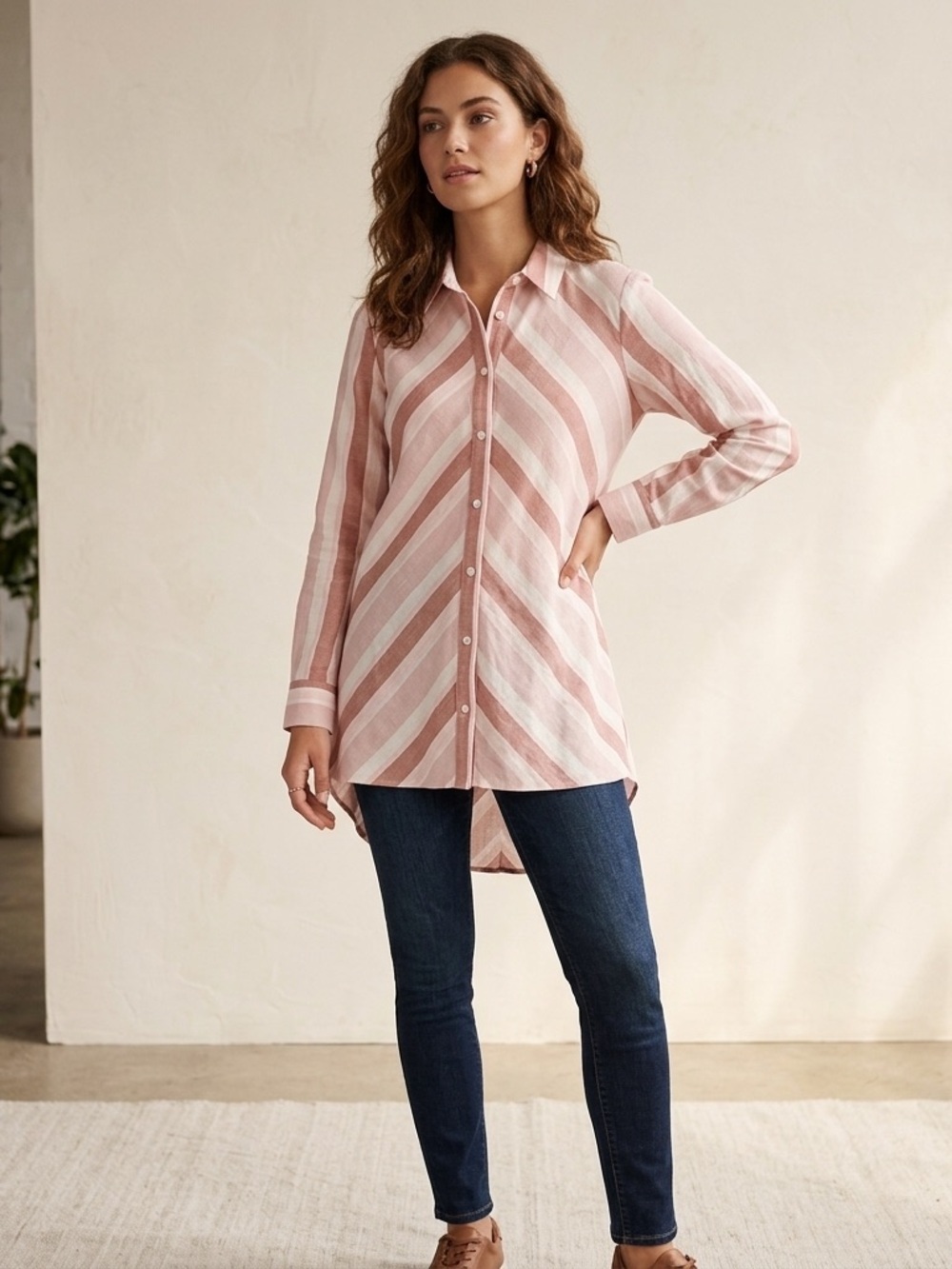 PEARL BY LELA ROSE Striped Linen Button Down Top Blush Multi Small